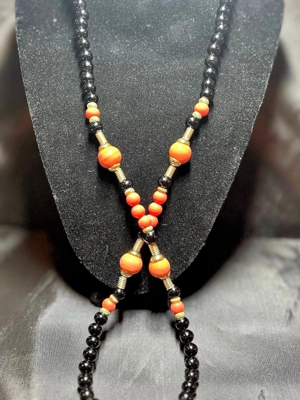 Long Black Onyx Necklace with Orange Agate Beads/Gold-Tone spacers/clasp-66.9 g